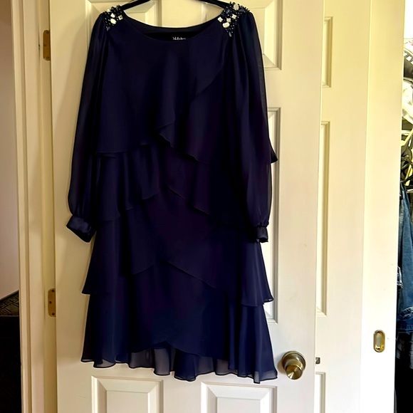 S.L.Fashions sz 14 Navy Layered Tiered Shift Dress w/Beads. Long sleeves - Picture 1 of 5